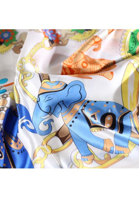 Aqua, Cream, and Orange Silk Scarf with Elephant Print Detailed Close Up