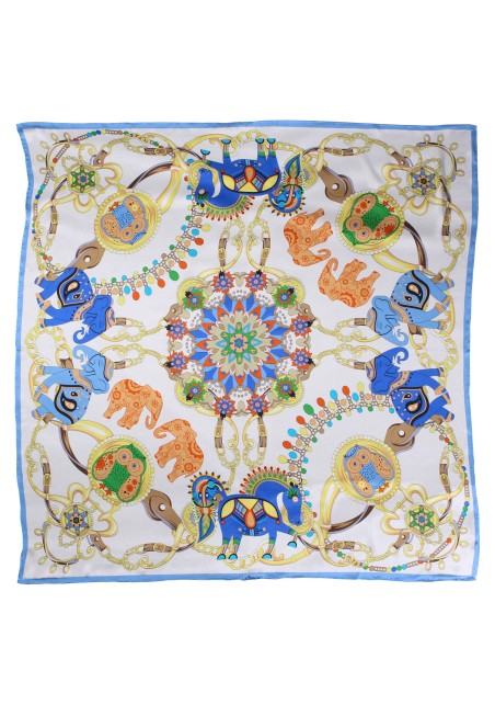 Aqua, Cream, and Orange Silk Scarf with Elephant Print