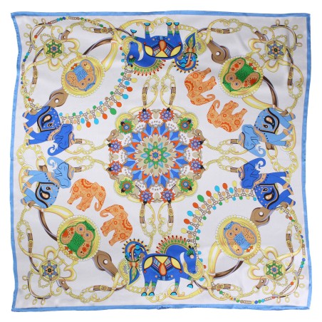 Aqua, Cream, and Orange Silk Scarf with Elephant Print