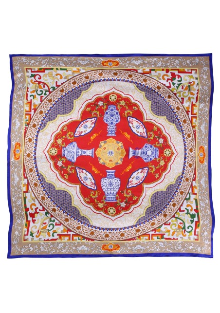 Royal Persian Print Designer Silk Scarf in Crimson, Navy, and Gold