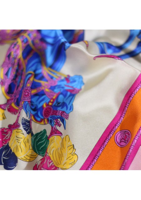 Designer Ladies Silk Scarf with Horse and Floral Print Detailed Close Up