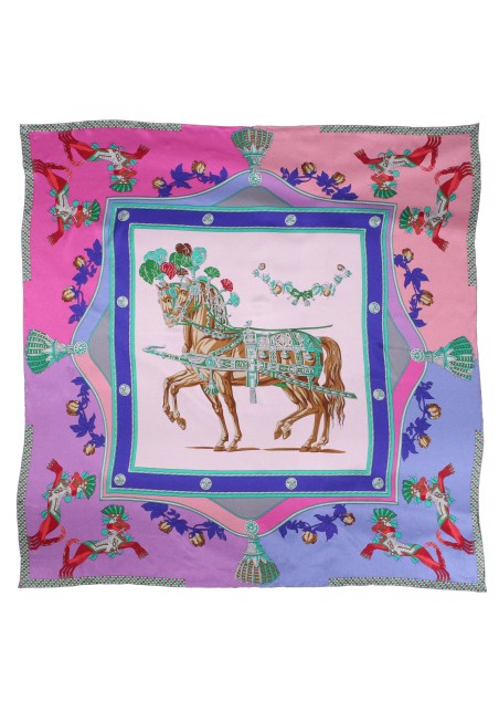 Pink and Lavender Summer Silk Scarf with Horses and Flowers