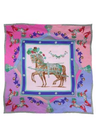 Pink and Lavender Summer Silk Scarf with Horses and Flowers
