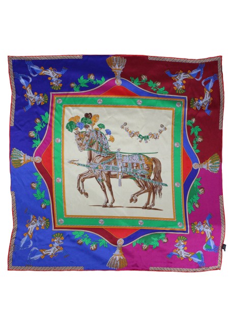 Red, Pink, and Blue Equestrian Print Silk Scarf