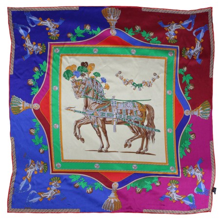 Red, Pink, and Blue Equestrian Print Silk Scarf