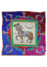 Red, Pink, and Blue Equestrian Print Silk Scarf