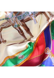 Red, Pink, and Blue Equestrian Print Silk Scarf Detailed Close Up
