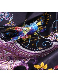 Navy and Purple Floral Designer Silk Scarf Detailed Close Up