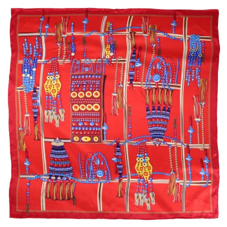 Red Ladies Scarf with Ancient Tribal Jewelry Print in Gold