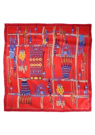 Red Ladies Scarf with Ancient Tribal Jewelry Print in Gold