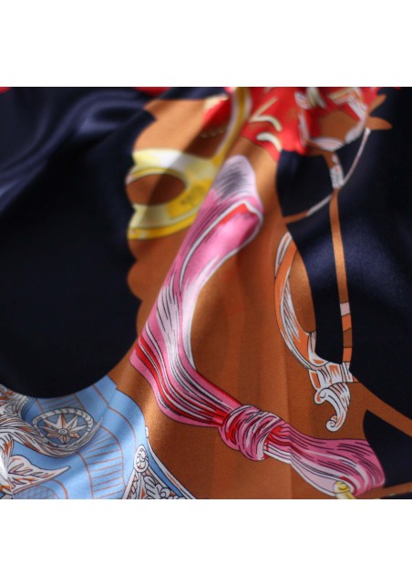 Modern Equestrian Print Ladies Scarf in Navy Blue Detailed Close Up