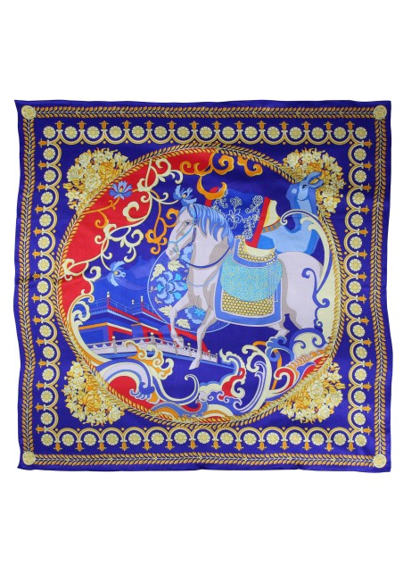 Persian Calvary Print Silk Scarf in Red, Navy, and Gold