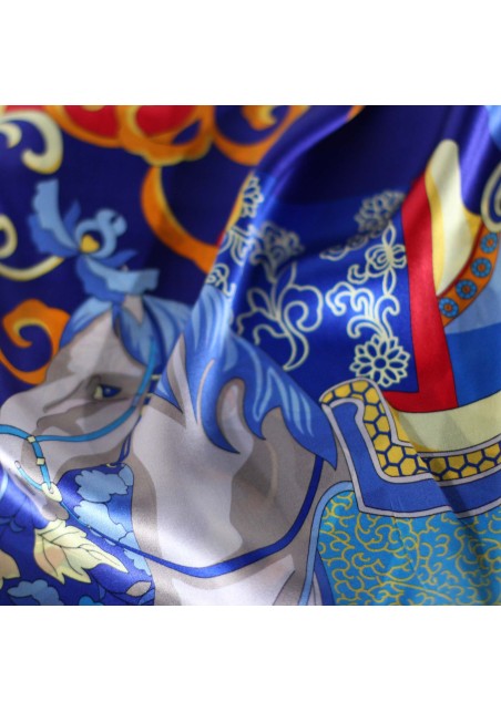 Persian Calvary Print Silk Scarf in Red, Navy, and Gold Detailed Close Up