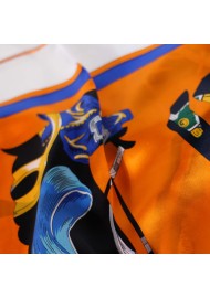 Modern Equestrian Print Silk Scarf in Deep Orange and Hunter Green Detailed Close Up