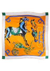 Modern Equestrian Print Silk Scarf in Deep Orange and Hunter Green