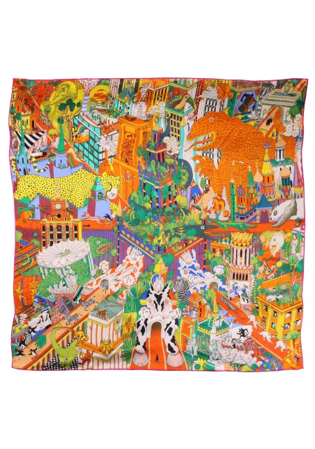 Fun Metro Print Silk Scarf in Orange and Yellows