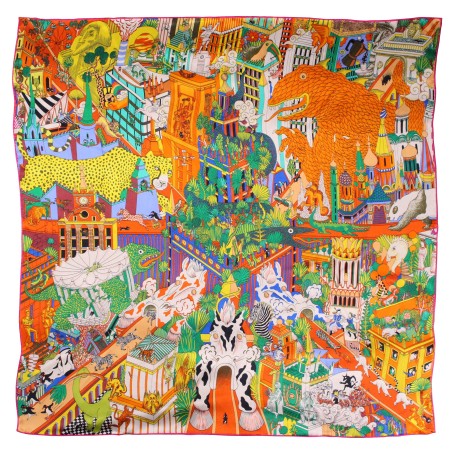 Fun Metro Print Silk Scarf in Orange and Yellows