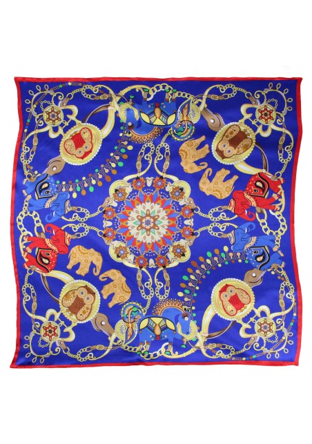 Ancient Indian Print Ladies Scarf in Navy, Red, and Tangerine