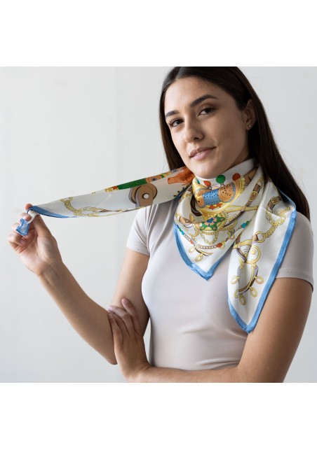 Aqua, Cream, and Orange Silk Scarf with Elephant Print