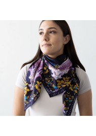 Navy and Purple Floral Designer Silk Scarf Styled