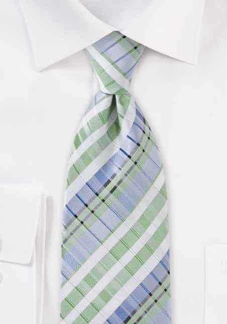 Summer Plaid Tie in Pistachio Green and Blue
