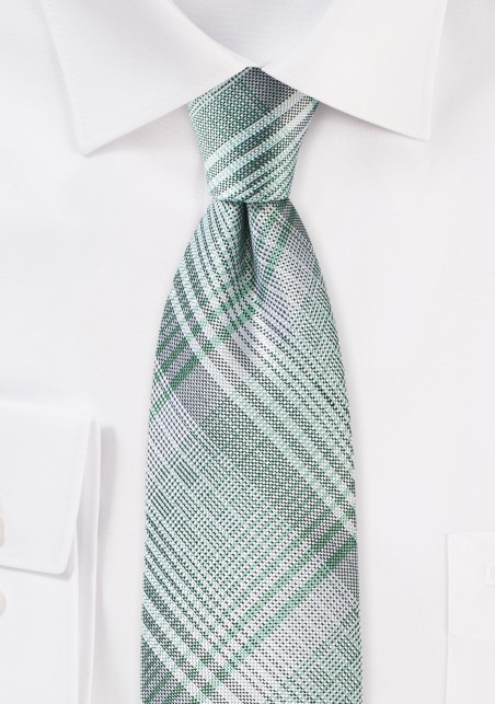 Modern Plaid Tie in Silver and Mint