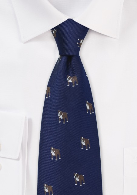 Navy Blue Silk Tie with Bulldog Print