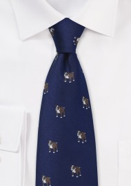 Navy Blue Silk Tie with Bulldog Print
