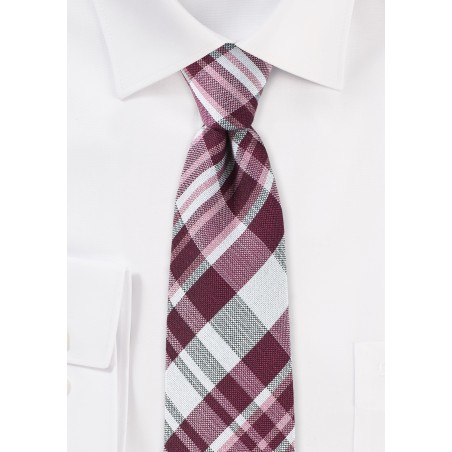 Textured Cotton Plaid Tie in Burgundy