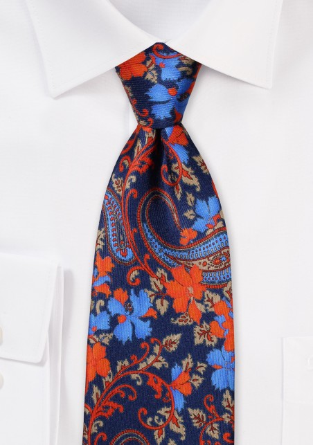 Floral Tie in Navy Blue and Oranges