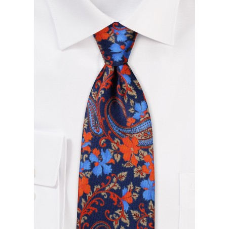 Floral Tie in Navy Blue and Oranges