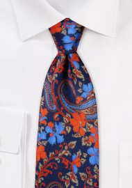 Floral Tie in Navy Blue and Oranges