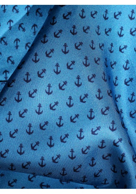 French Blue and Navy Anchor Print Silk Scarf Close Up Pattern