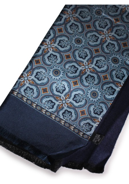 Retro Print Silk Scarf in Light Blues and Gold Double Sided