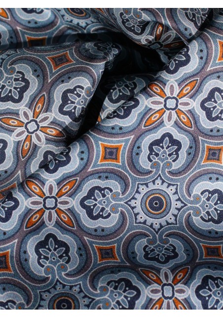 Retro Print Silk Scarf in Light Blues and Gold Close Up Pattern