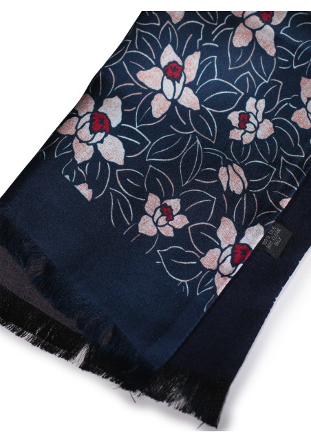 Navy Silk Scarf with Japanese Floral Print Double Sided