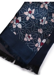 Navy Silk Scarf with Japanese Floral Print Double Sided