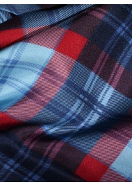 Tartan Check Silk Scarf in Reds and Blues Detailed Close Up
