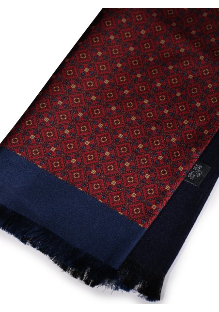 Victorian Designer Print Silk Scarf in Chestnut, Maroon, Navy Double Sided