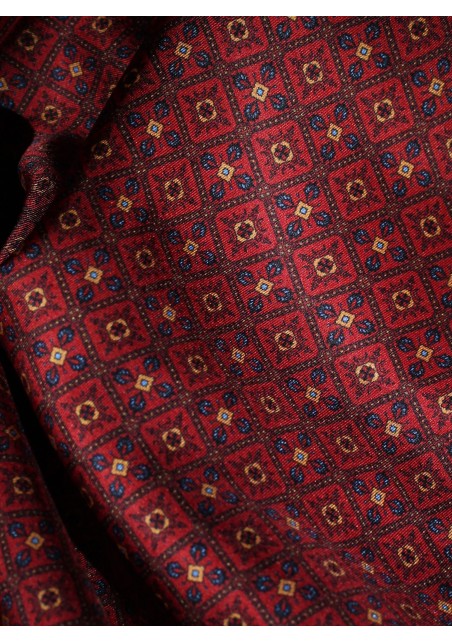 Victorian Designer Print Silk Scarf in Chestnut, Maroon, Navy Detailed Fabric Close Up Pattern