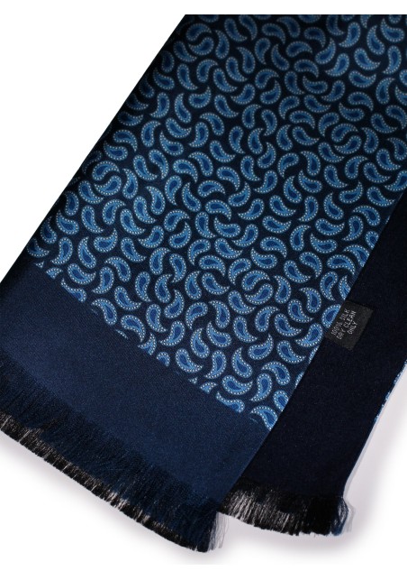 Fine Silk Scarf with Geometric Paisley Print in Blue Double Sided
