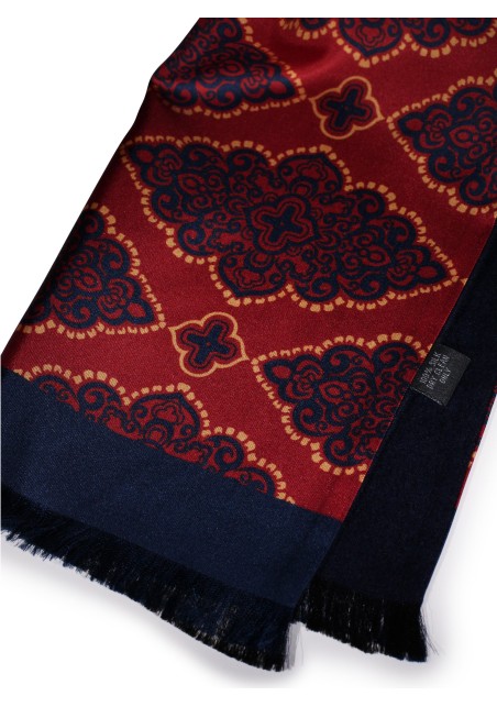 Persian Geometric Print Silk Scarf in Maroon, Navy, Gold Double Sided