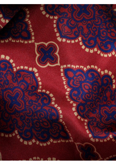 Persian Geometric Print Silk Scarf in Maroon, Navy, Gold Detailed Close Up