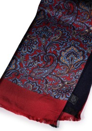Italian Paisley Print Silk Scarf in Reds, Blues, and Gold Double Sided