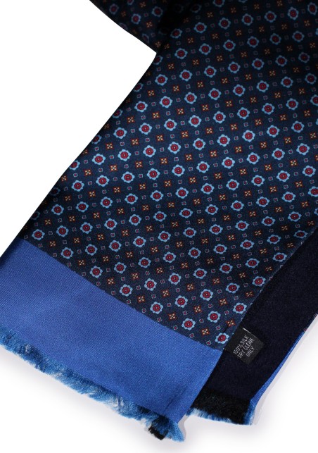 Foulard Print Silk Scarf in Navy, Maroon, Amber Double Sided