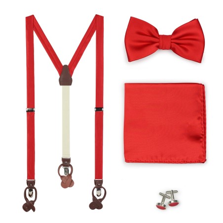 Solid Bright Red Mens Bow Tie and Suspender Combo Set with Hanky and matching Cufflinks