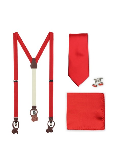 Solid Bright Red Mens Tie and Suspender Combo Set