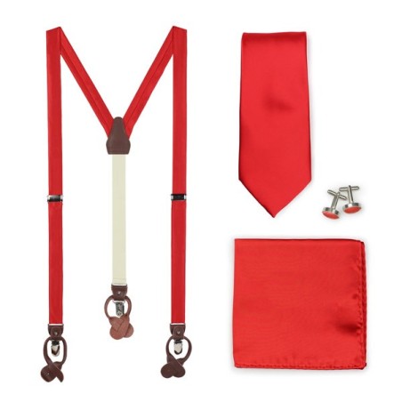 Solid Bright Red Mens Tie and Suspender Combo Set