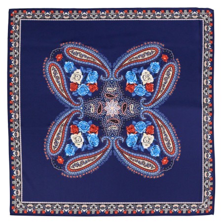 Geometric Paisley Scarf in Navy, Cherry Red, and Light Blue