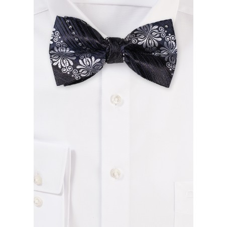 Black and Silver Floral Bow Tie with Encrusted Diamonds